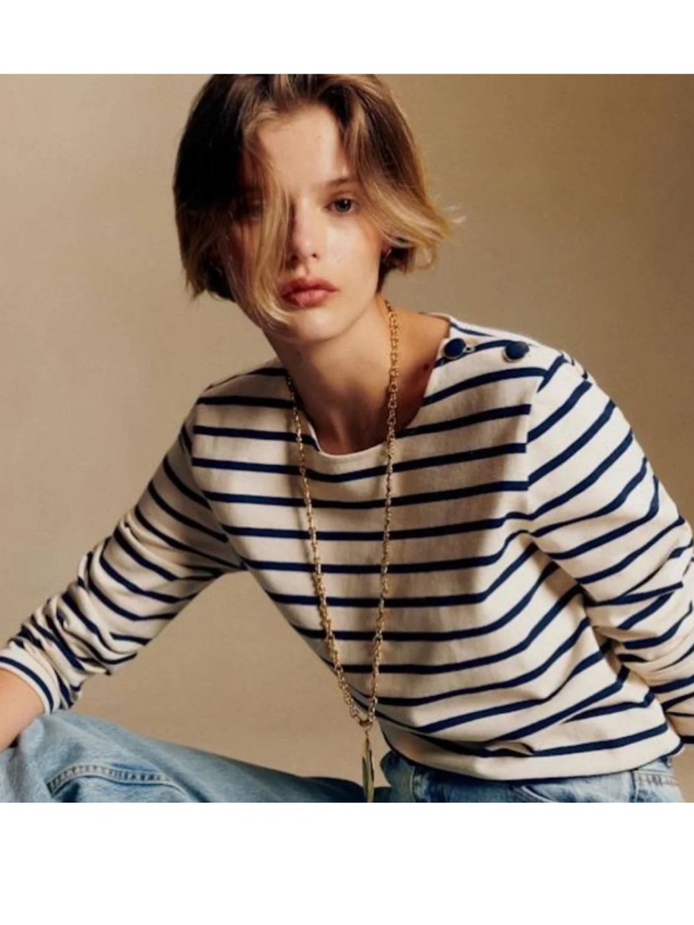 Sezane Colette Marinière Navy and Cream Striped Long Sleeve Boatneck Top